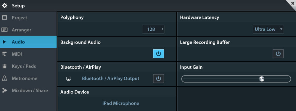 Setup screen