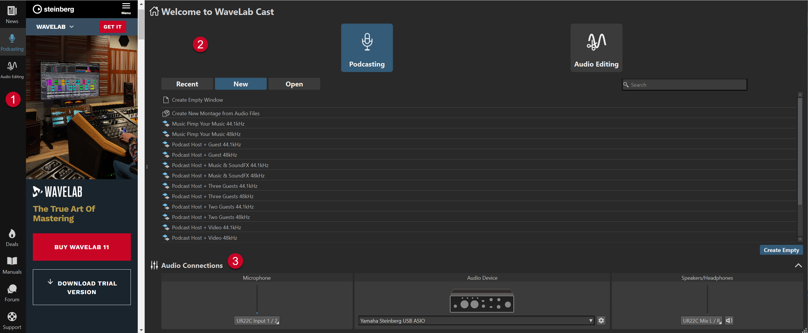 Startup Assistant window for WaveLab Cast